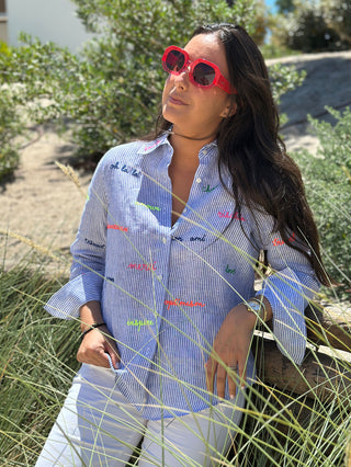 Mafalda Embroidered Linen Shirt – Blue & White Stripe | Vilagallo
