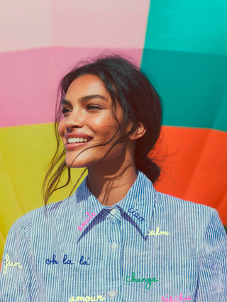 Mafalda Embroidered Linen Shirt – Blue & White Stripe | Vilagallo