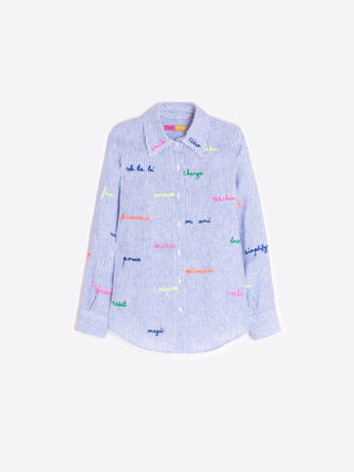 Mafalda Embroidered Linen Shirt – Blue & White Stripe | Vilagallo