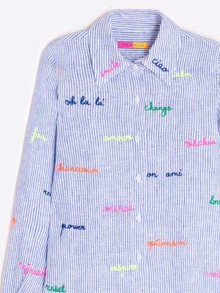 Mafalda Embroidered Linen Shirt – Blue & White Stripe | Vilagallo