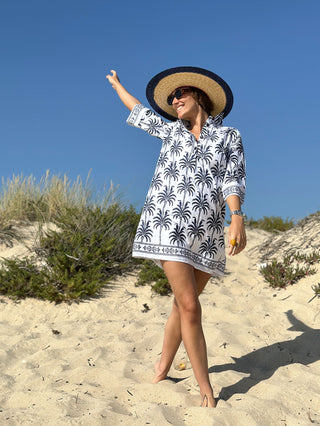 Miranda Toucan Palm Dress – Blue & White | Vilagallo