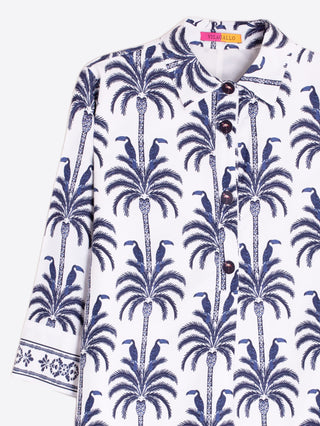 Miranda Toucan Palm Dress – Blue & White | Vilagallo
