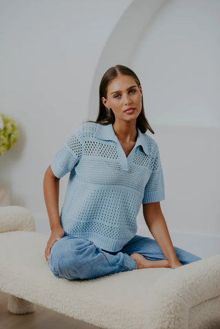 Pointelle Stripe Polo – Sky | Bridge & Lord
