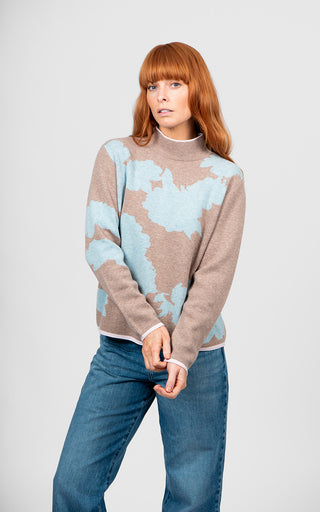 Flower Silhouette Jacquard Pullover - Cobblestone/Aqua | Bridge & Lord