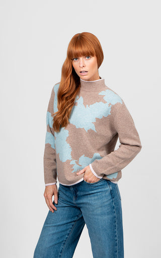 Flower Silhouette Jacquard Pullover - Cobblestone/Aqua | Bridge & Lord
