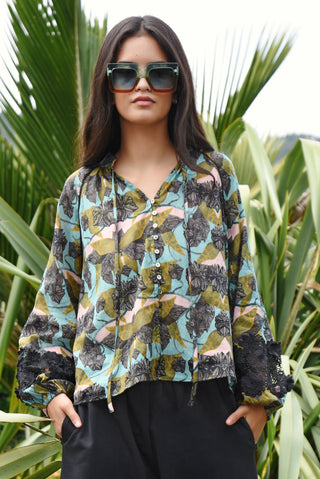 Lace to the Top Blouse – Blue & Olive | Coop
