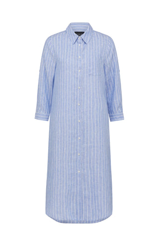 Pure Linen Shirt Dress - Blue Pinstripe