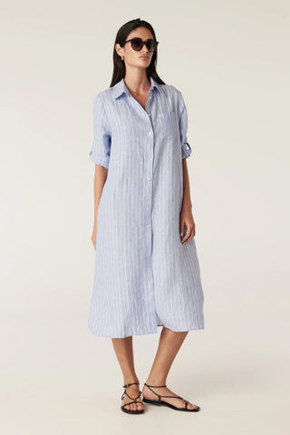 Pure Linen Shirt Dress - Blue Pinstripe