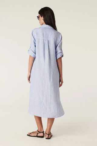 Pure Linen Shirt Dress - Blue Pinstripe