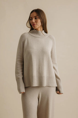 Harmony Merino Cotton Mock Neck Pullover in Wheat by Talamaya