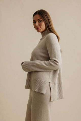 Harmony Merino Cotton Mock Neck Pullover in Wheat by Talamaya