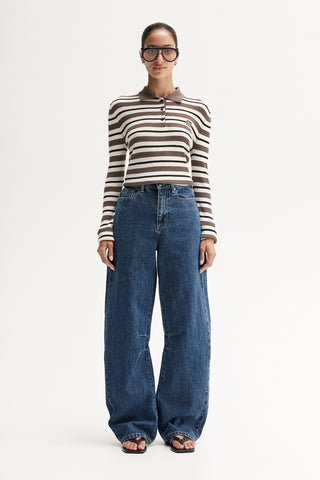 Ana Long Sleeve Polo - Chocolate Multi Stripe | Elka Collective