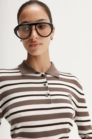 Ana Long Sleeve Polo - Chocolate Multi Stripe | Elka Collective