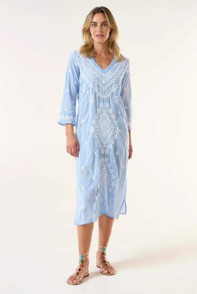 One Season - Long Goa Embroidery Cotton Dress - Cornflower/White