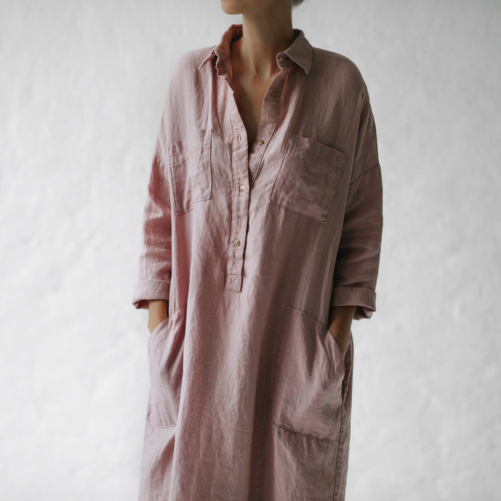 Seaside Tones - Linen Shirt Dress - Dusty Dink