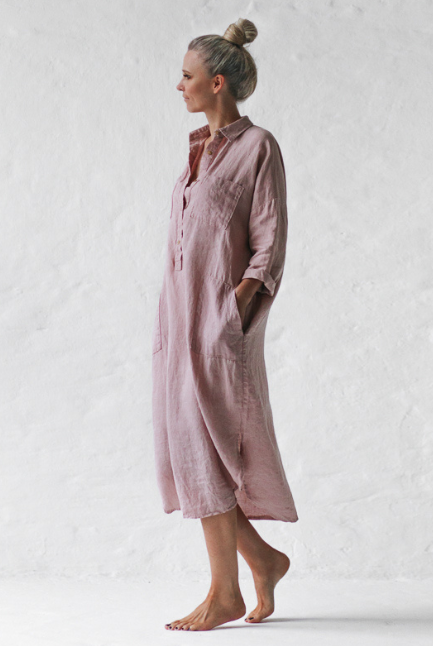 Seaside Tones - Linen Shirt Dress - Dusty Dink