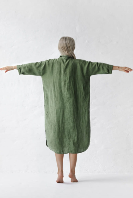 Seaside Tones - Linen Shirt Dress With Pockets - Olive