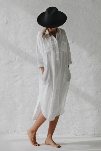 Seaside Tones - Linen Shirt Dress With Pockets - White