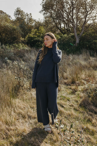 Harmony Merino Cotton Mock Neck Pullover in Lake by Talamaya