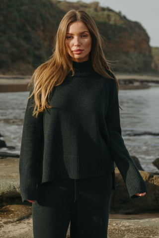 Harmony Merino Cotton Mock Neck Pullover in Pine by Talamaya