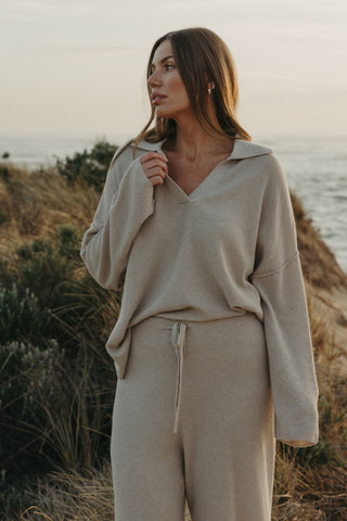 Winter Retreat Collar Pullover in Wheat by Talamaya