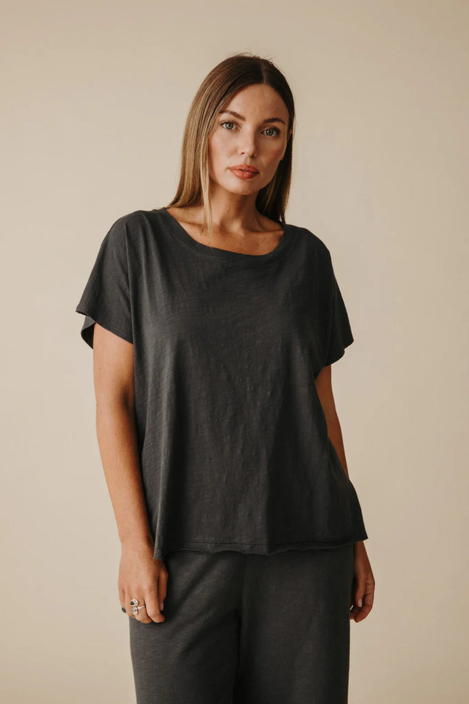 TALAMAYA - Shoreline Fine Slub Cotton T-Shirt - Black Sand