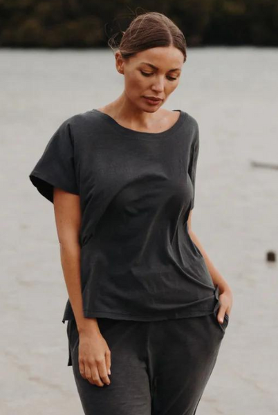 TALAMAYA - Shoreline Fine Slub Cotton T-Shirt - Black Sand