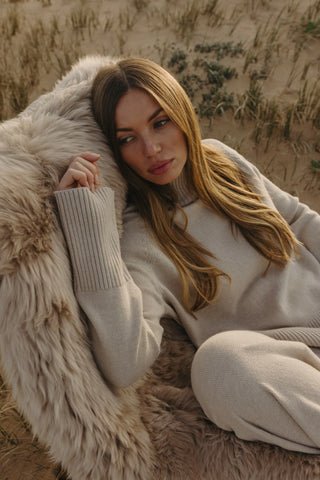 Harmony Merino Cotton Mock Neck Pullover in Wheat by Talamaya