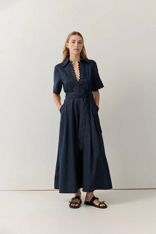 Cutwork Trim Shirt Dress - Navy | Iris & Wool