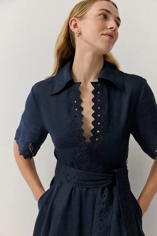 Cutwork Trim Shirt Dress - Navy | Iris & Wool
