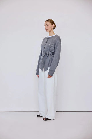 Pointelle Patterned Belted Cardigan - Steel Melange | Iris & Wool