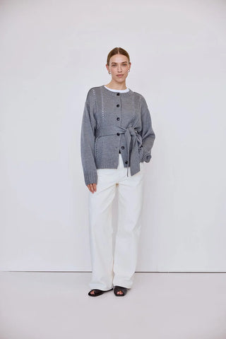 Pointelle Patterned Belted Cardigan - Steel Melange | Iris & Wool