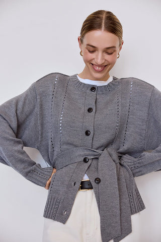 Pointelle Patterned Belted Cardigan - Steel Melange | Iris & Wool