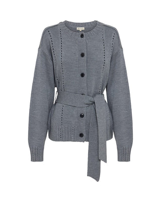Pointelle Patterned Belted Cardigan - Steel Melange | Iris & Wool