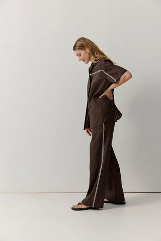 Topstitch Embroidered Pants - Chocolate | Iris & Wool